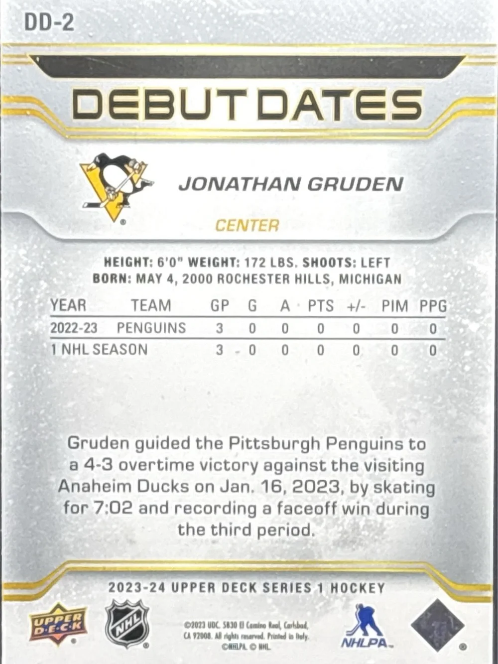 Upper Deck Debut Dates Hockey Trading Card - Jonathan Gruden